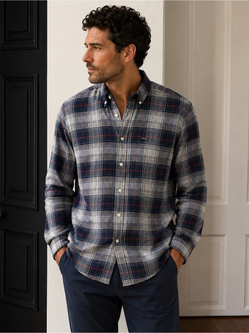 Barbour Men's Navy, Gray & Red Plaid Button-Down Shirt